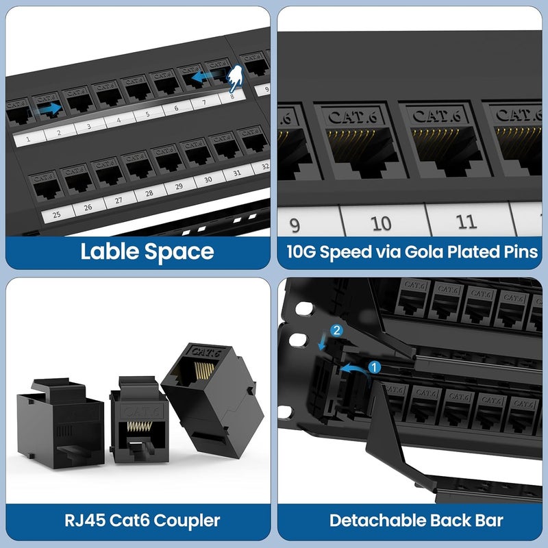 CableGeeker لوحة توصيل Cat6 48 منفذ مع كاستان داخلي، دعم Ethernet بسرعة 10G، لوحة توصيل شبكة UTP 19 بوصة مع شريط خلفي قابل للإزالة، متوافقة مع Cat6 و Cat5e و Cat5 لتوصيلات الرف - Image 5